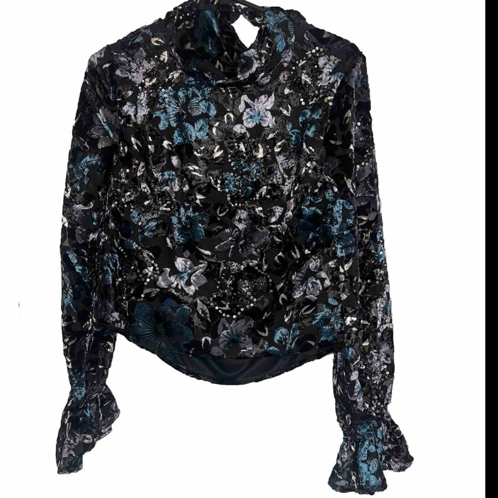 Shyanne Boot Barn Velvet Burn-Out Long-Sleeve Floral Blouse Size XS NWT